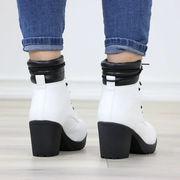 White Ankle Boots Lug Chunky Block High Heel Lace-Up Faux Leather - Picture 8 of 12